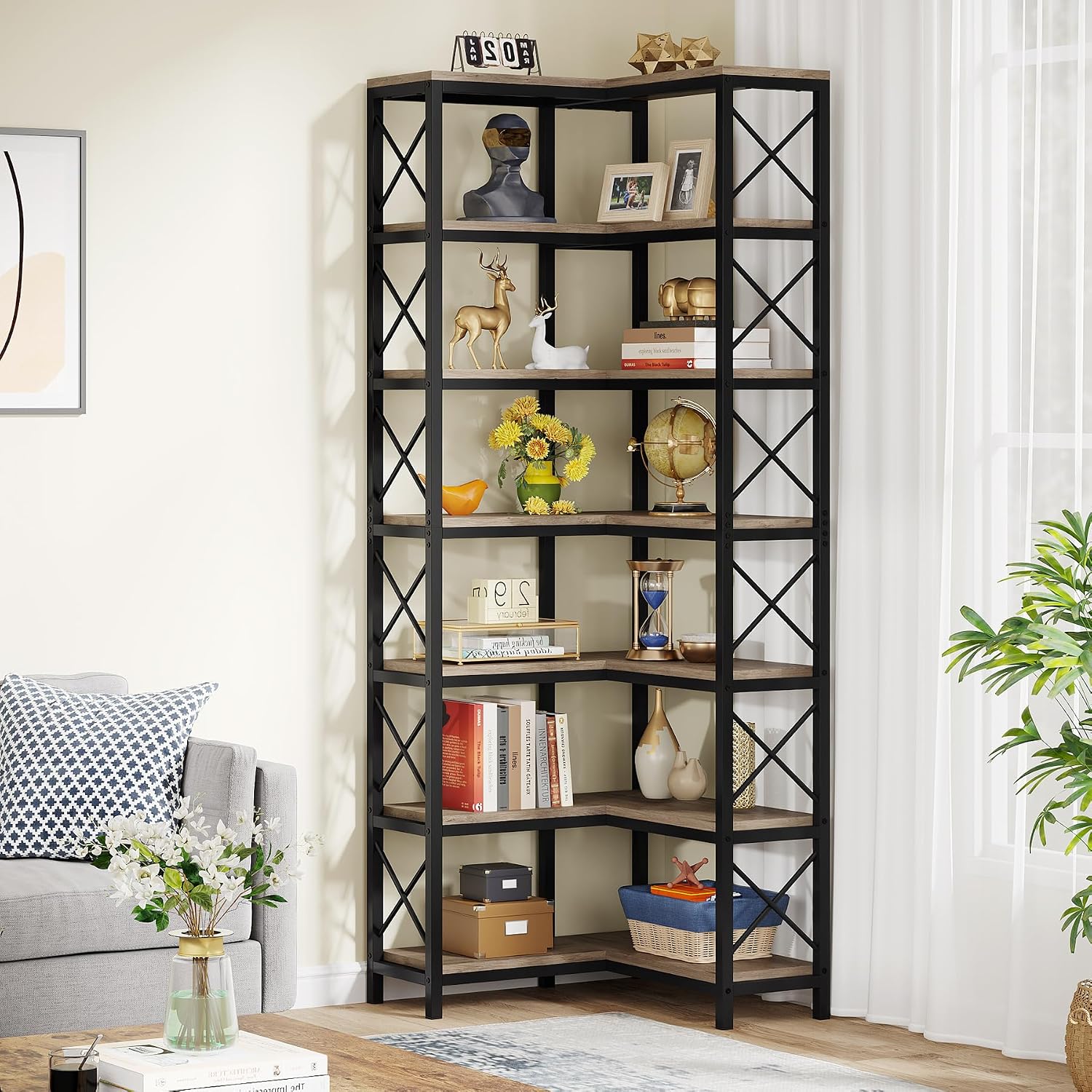 Tribesigns 7-Shelf Corner Bookshelf,Large Modern Corner Bookcase, 7-Tier Tall Corner Shelf Storage Display Rack with Metal Frame for Living Room Home Office (Grey) - Image 3