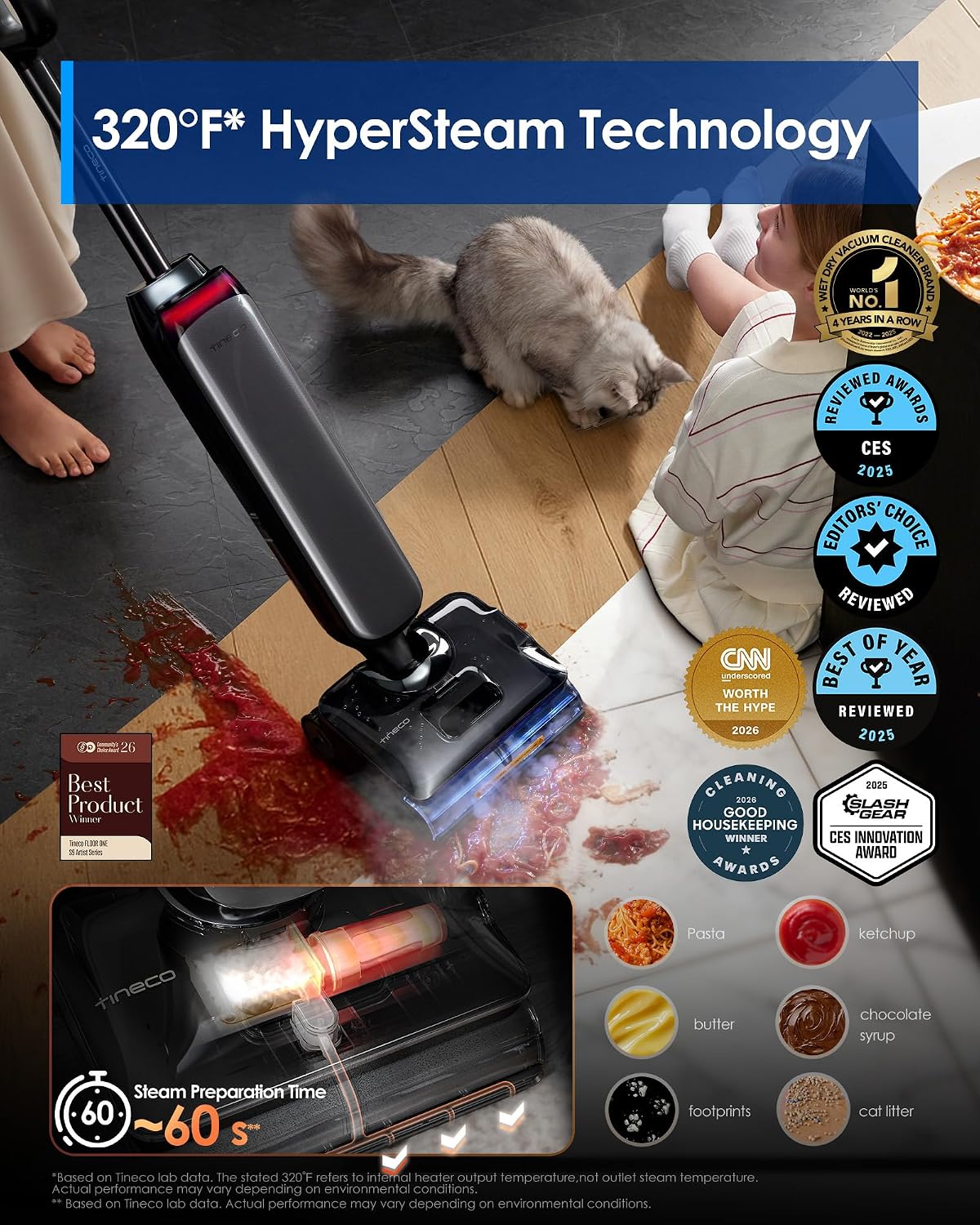 Tineco Floor One S9 Artist Steam Wet Dry Vacuum Cleaner, High-Temp Steam Cleaning, 22kPa Suction, 360° SmoothDrive, Anti-Tangle Design, 185°F Flashdry, Long Runtime, 180° Lay-Flat - Image 4