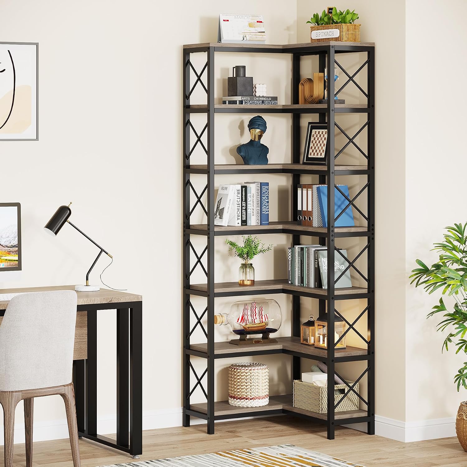 Tribesigns 7-Shelf Corner Bookshelf,Large Modern Corner Bookcase, 7-Tier Tall Corner Shelf Storage Display Rack with Metal Frame for Living Room Home Office (Grey) - Image 5