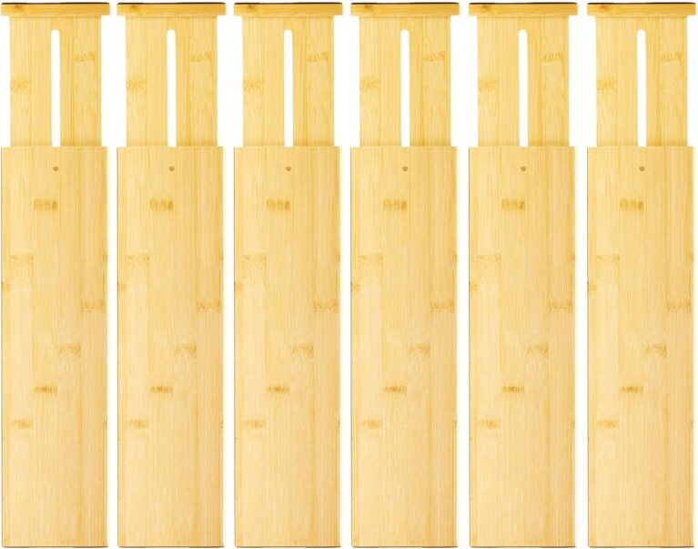 VaeFae 6 Pack Bamboo Drawer Dividers, 4" High Adjustable 11.9-17.1" Clothes Drawer Organizers, Expandable Separators for Bedroom/Bathroom/Kitchen/Office Storage
