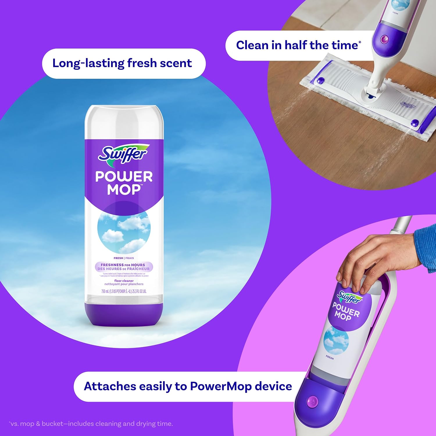 Swiffer PowerMop Liquid Floor Cleaner Refills, Solution for Power Mop, Fresh Scent, 2 Count Mopping Fluid Replacement Bottle, Spray Mops Cleaning Juice, No Bucket Needed, Multi-Surface and Wood - Image 3
