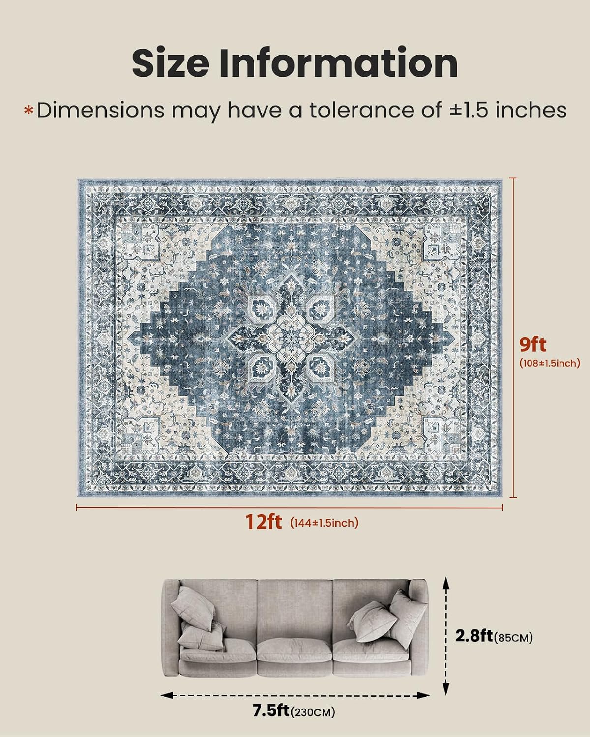 AMADA HOMEFURNISHING 9x12 Washable Area Rug, Low-Profile Large Area Rug with Non-Slip Backing & Durable Edge Binding, Vintage Large Rugs for Living Room, Bedroom & Dinning Room - Image 2