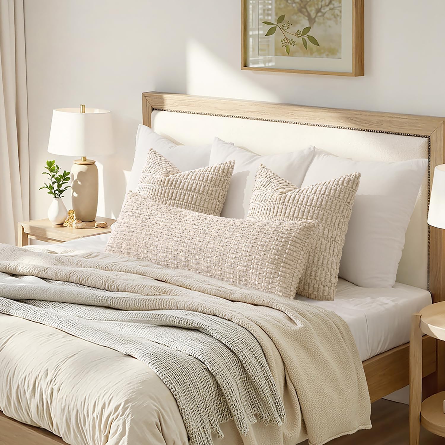 MIULEE Lumbar Corduroy Throw Pillow Cover for Bed 14x36 Cream White - Image 2