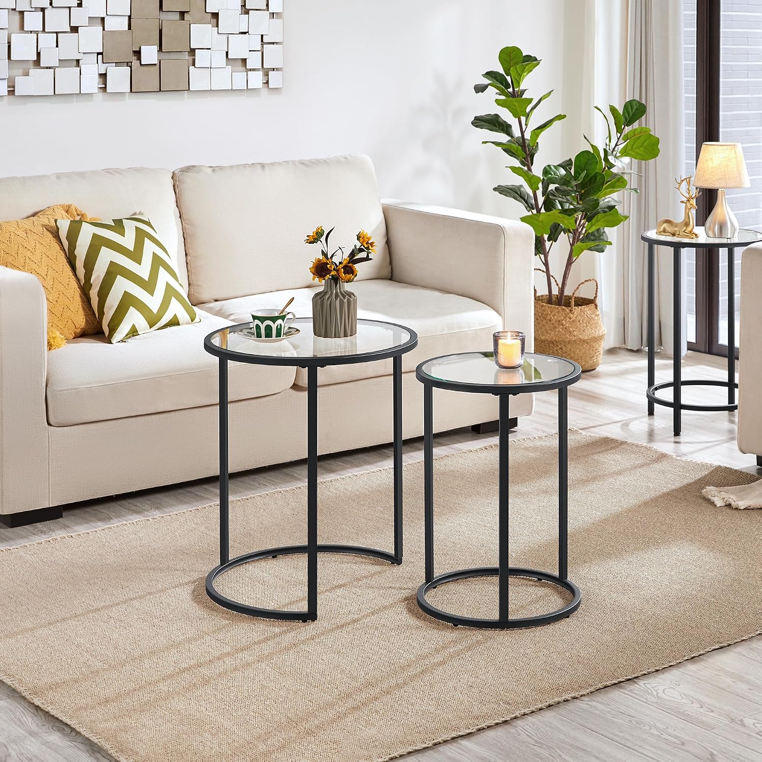 Yaheetech Round Nesting Side Tables Set of 2 with Tempered Glass Top, Black - Image 7