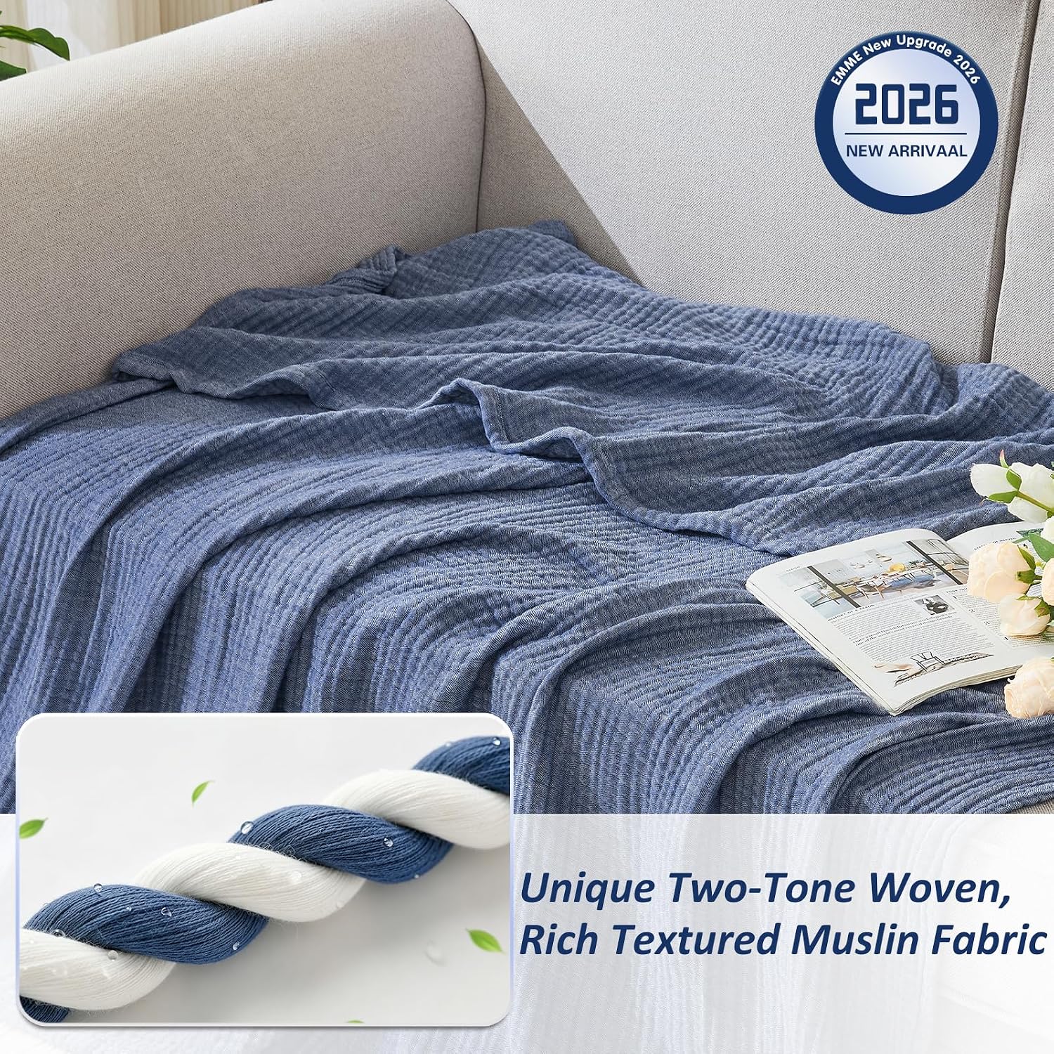 EMME Muslin Blankets for Adults, Two-Tone Weave Design, Cotton Large Throw Blanket Linen-Like, Couch Breathable Gauze Soft Lightweight Bed Blanket, Pre-Washed Softer Touch (Heather Navy, 50"x70") - Image 2