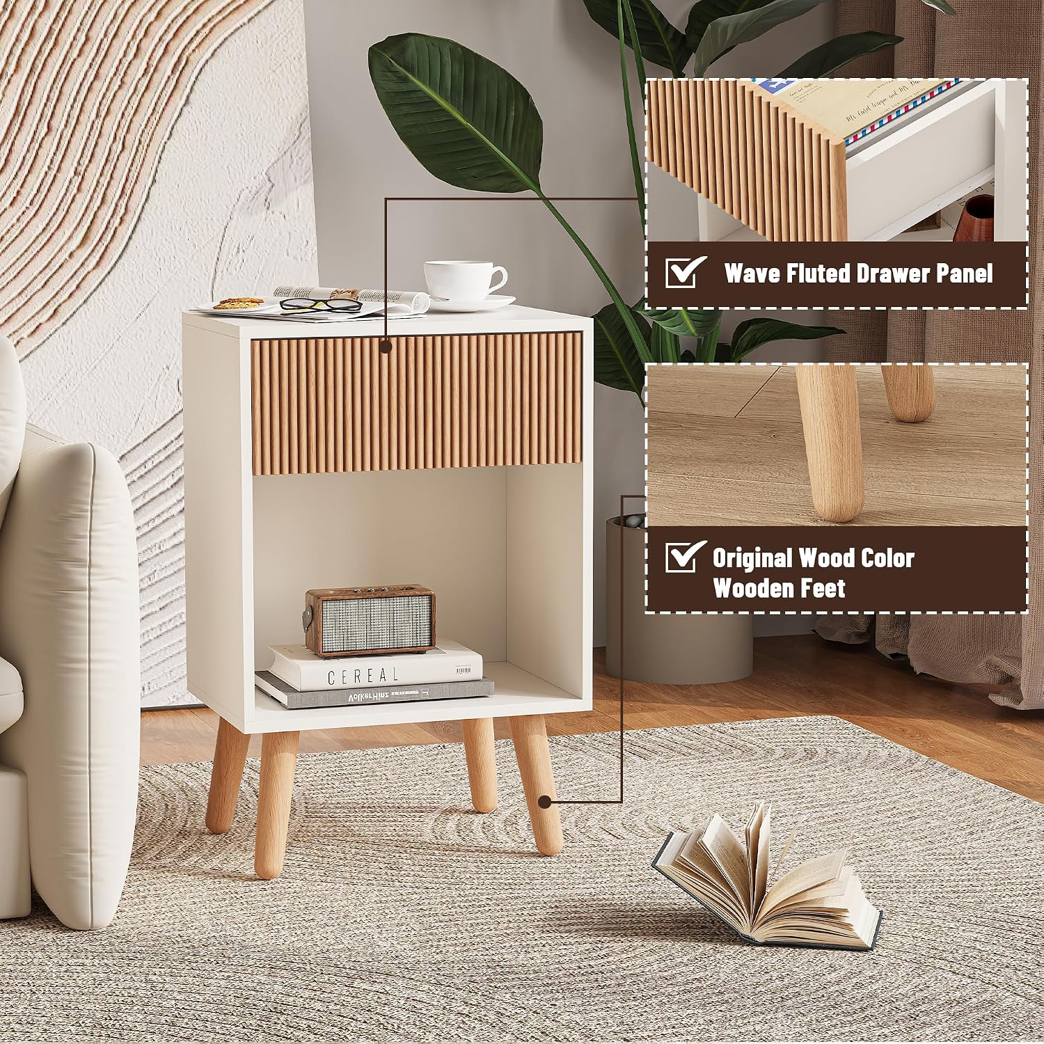 Fluted Nightstand, Modern Bedside Table with Storage Drawers and Open Wood Shelf, Night Stand with Solid Wood Legs, End Tables Side Tables for Living Room, Bedroom - Image 4