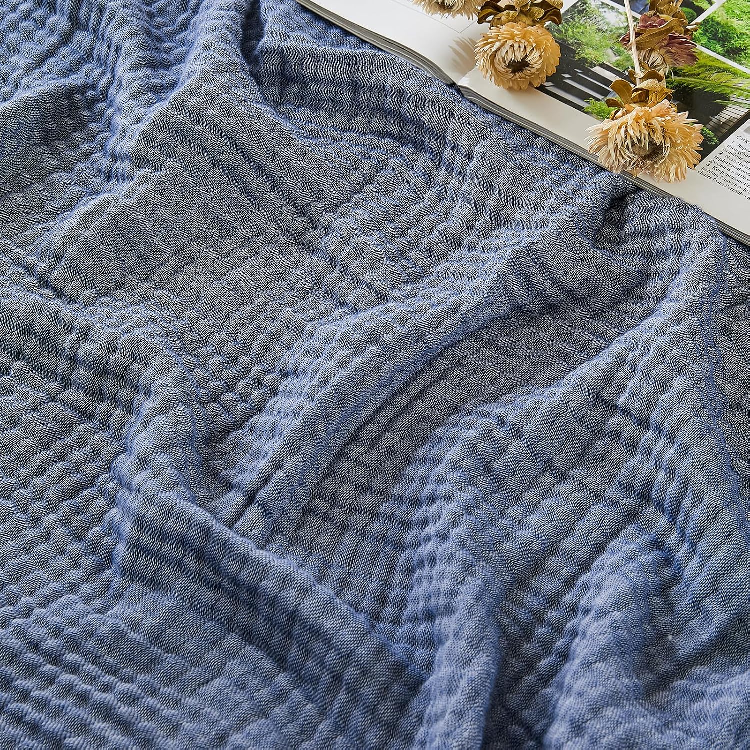 EMME Muslin Blankets for Adults, Two-Tone Weave Design, Cotton Large Throw Blanket Linen-Like, Couch Breathable Gauze Soft Lightweight Bed Blanket, Pre-Washed Softer Touch (Heather Navy, 50"x70")