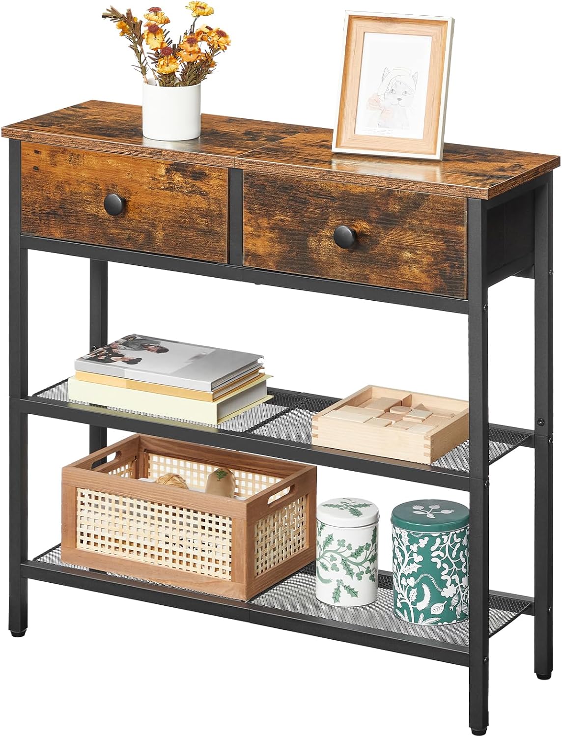 HOOBRO 29.5" Narrow Console Table with 2 Fabric Drawers, Sofa Table, Small Entryway Table with 3-Tier Storage Shelves, Behind Couch Table, for Living Room, Hallway, Rustic Brown and Black BF72XG01 - Image 9