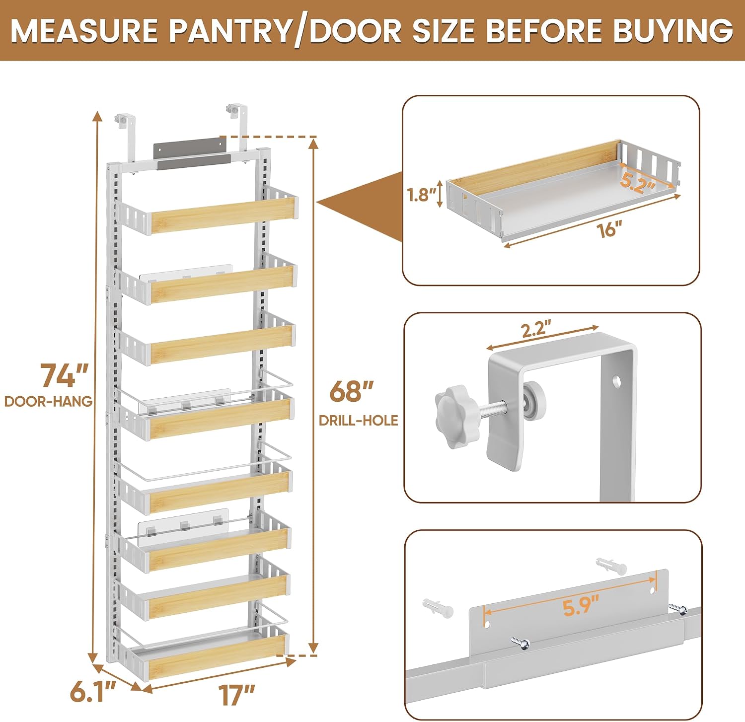 POKIPO 8 Tier Over The Door Pantry Organizer, 2 IN 1 Wall Mount or Hanging Spice Rack Seasoning Shelves with Adjustable Basket, Back of Door Organizer and Storage for Kitchen Cabinet and Room Closet - Image 2