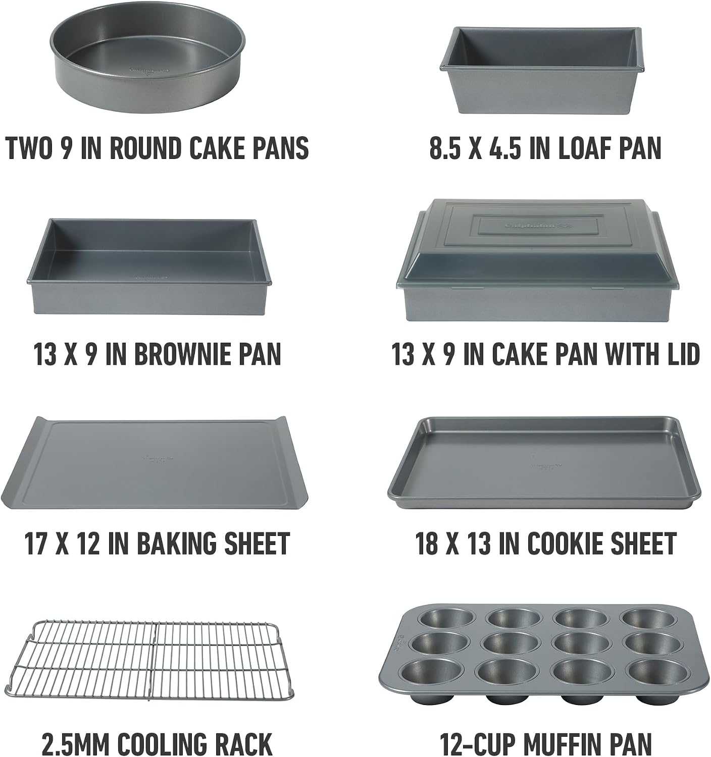 Calphalon Titan 10-Piece Nonstick Bakeware Set, Baking Sheet Set, Steel Core PFA-Free Nonstick Coating, Oven Safe, Includes Sheet Pans, Muffin Pan, Round Cake Pans, Loaf Pan and Cooling Rack - Silver - Image 2
