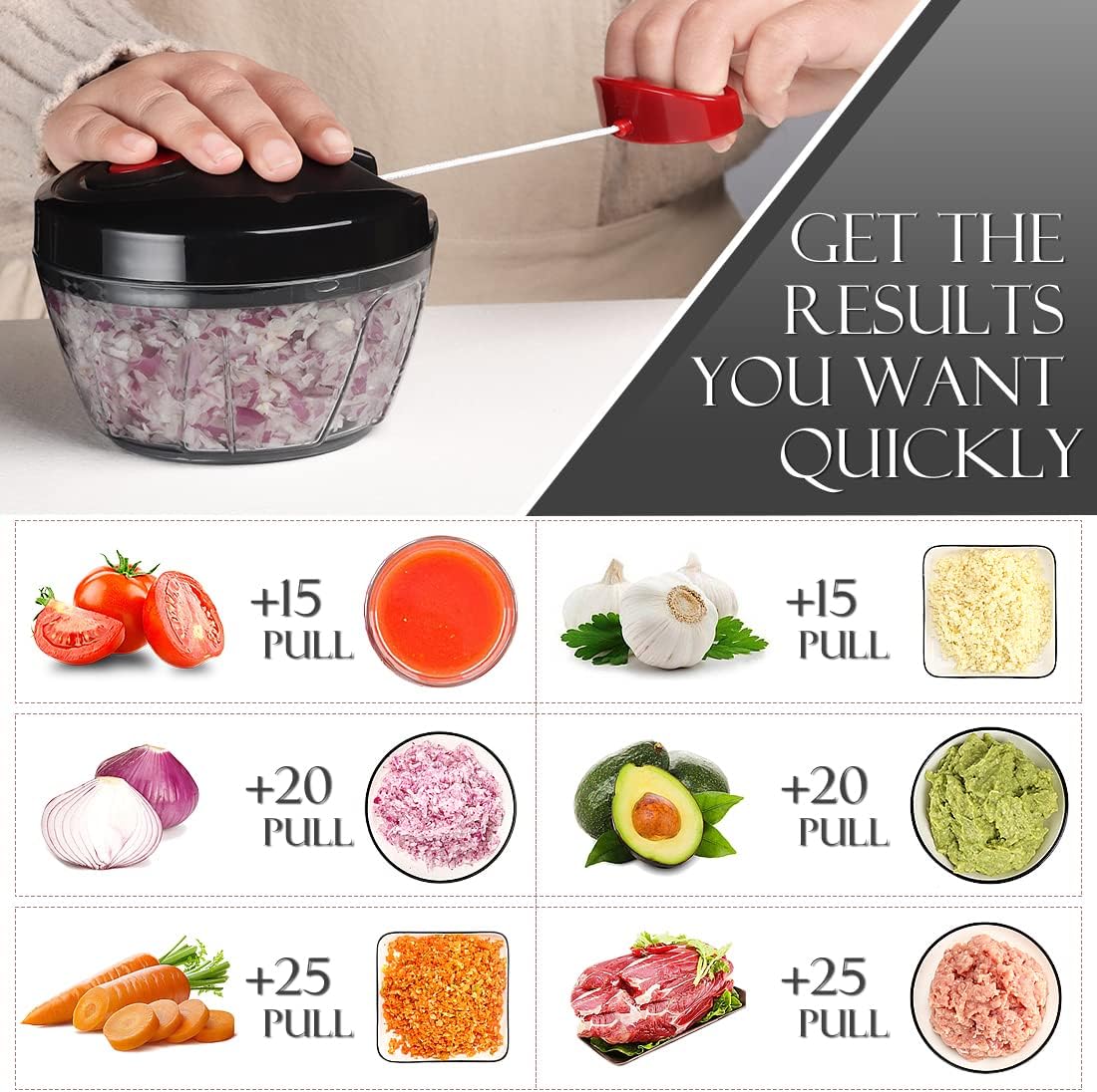 Ourokhome Manual Food Processor Vegetable Chopper, Portable Hand Pull String Garlic Mincer Onion Cutter for Veggies, Ginger, Fruits, Nuts, Herbs, etc., 500ml, Black - Image 2