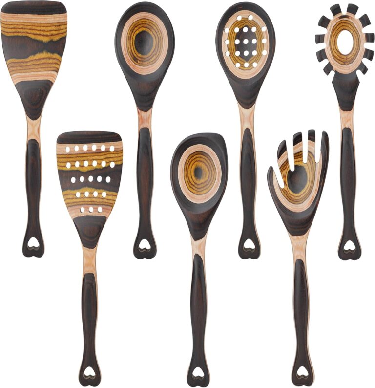 7PCS Pakkawood Utensil Set, Brown & Heart-Shaped Wooden Spoons for Cooking