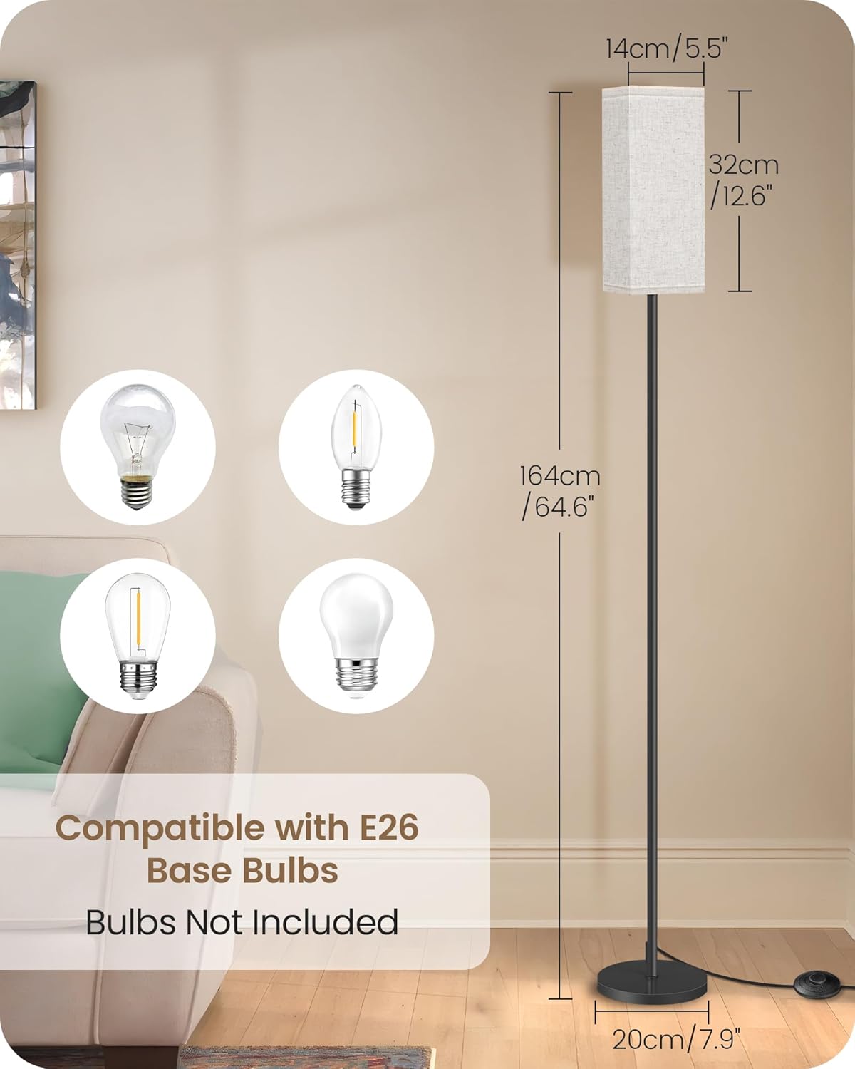 64.6" Floor Lamp, Pole with Foot Switch, Modern Standing Lamp Lampshade, Minimalist Freestanding Lamp (Bulb Not Included), for Living Room, Bedroom Office ETL Listed, Black and Beige E07LD05 - Image 4