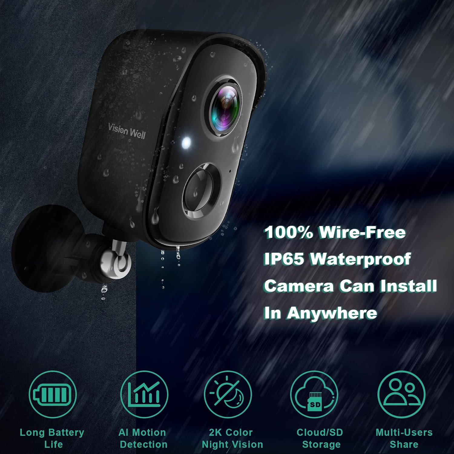 Security Cameras Wireless Outdoor, 2K Indoor Cameras for Home Security Battery Powered, AI Motion Detection, Color Night Vision, 2-Way Talk, Spotlight Siren Alarm, Cloud & SD Storage-Jet Black Camera - Image 2
