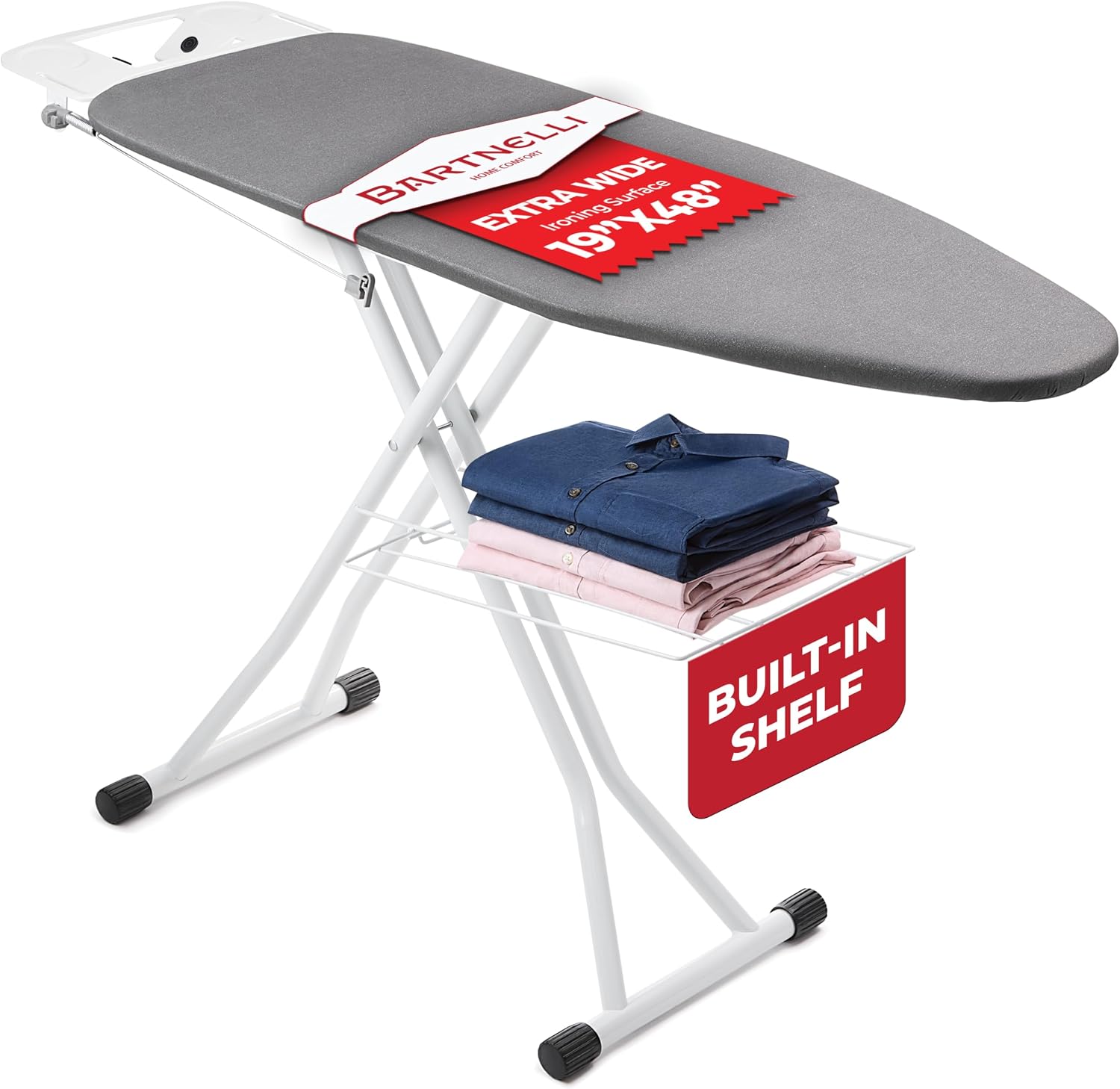Bartnelli Extra Wide Pro Ironing Board 19x48 Ironing Surface with Iron Rest, Cord Holder, Shelf and 4 Layer Heat Resistant Cover and Pad - Image 9