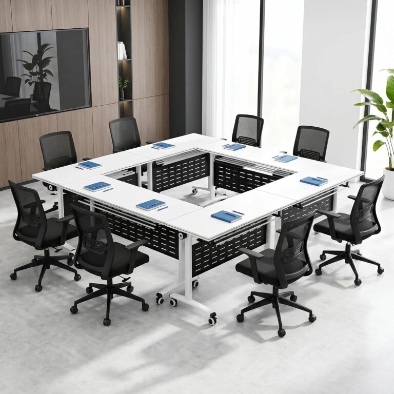 Folding Conference Table with Storage Shelf and Modesty Panel – Rolling Office Meeting Desk with Locking Casters for Training,seminar Classroom, Library,with Panel,1pack