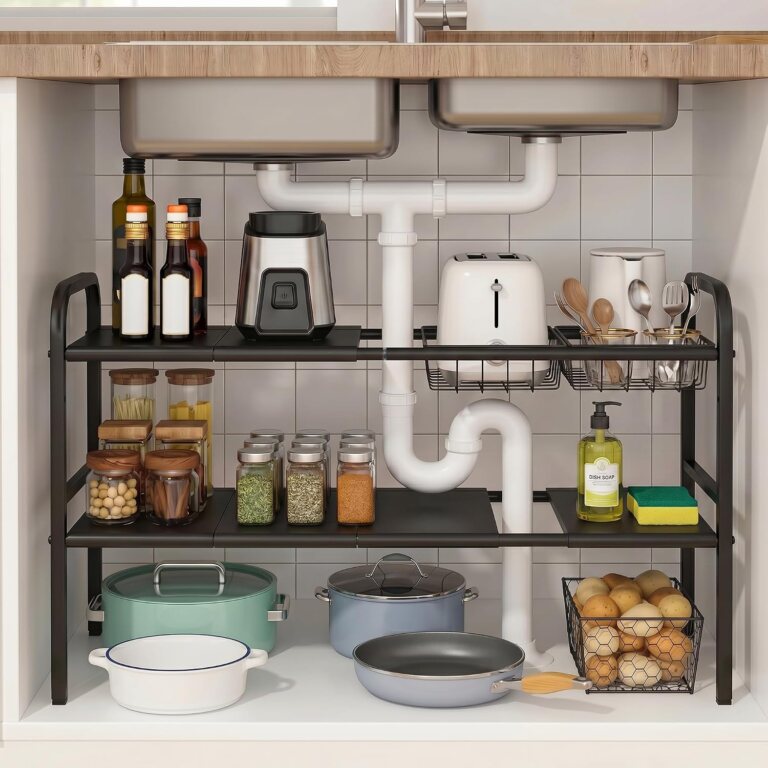 Expandable 2 Tier Under Sink Organizer, Black, 28.74-34.5 Inch Width