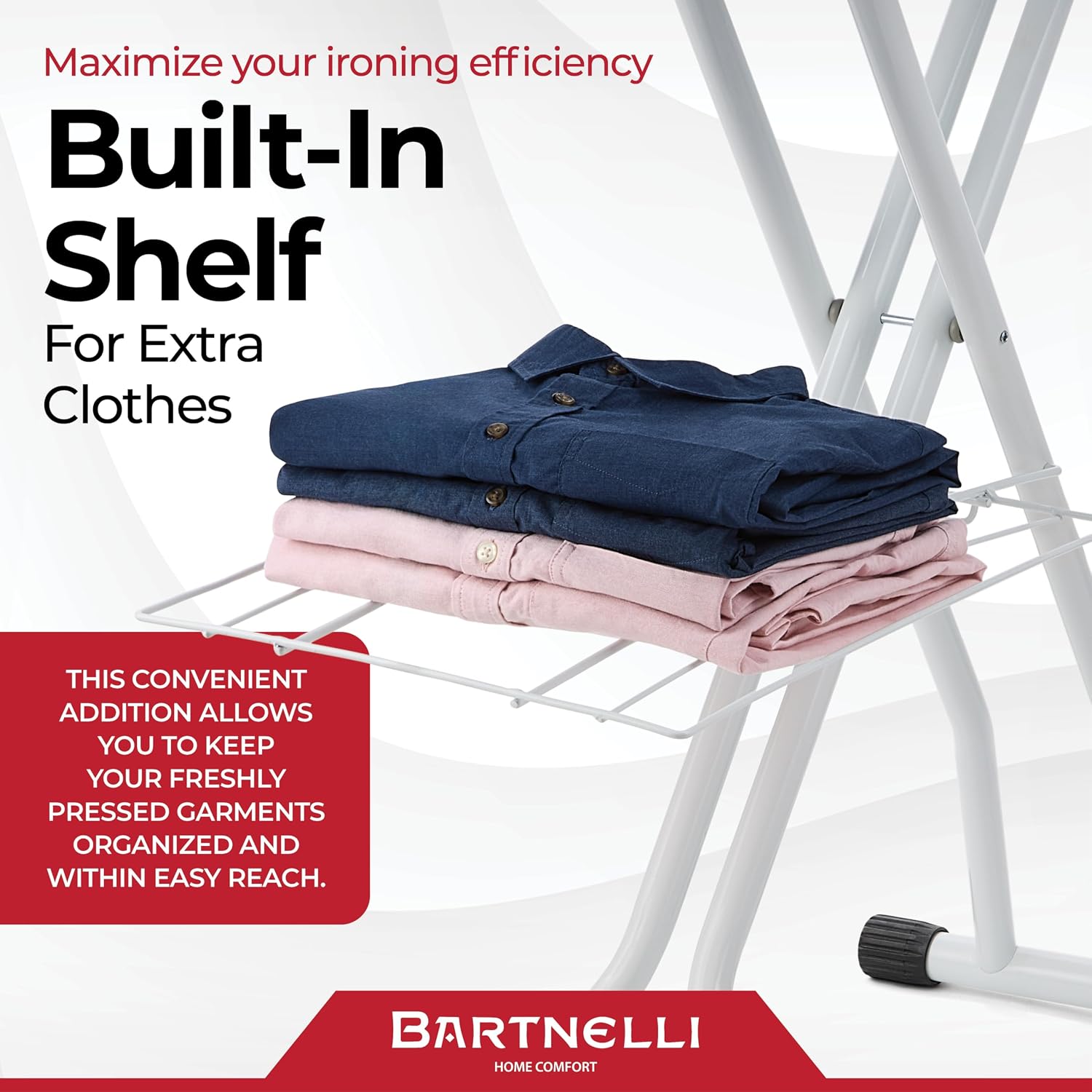 Bartnelli Extra Wide Pro Ironing Board 19x48 Ironing Surface with Iron Rest, Cord Holder, Shelf and 4 Layer Heat Resistant Cover and Pad - Image 7