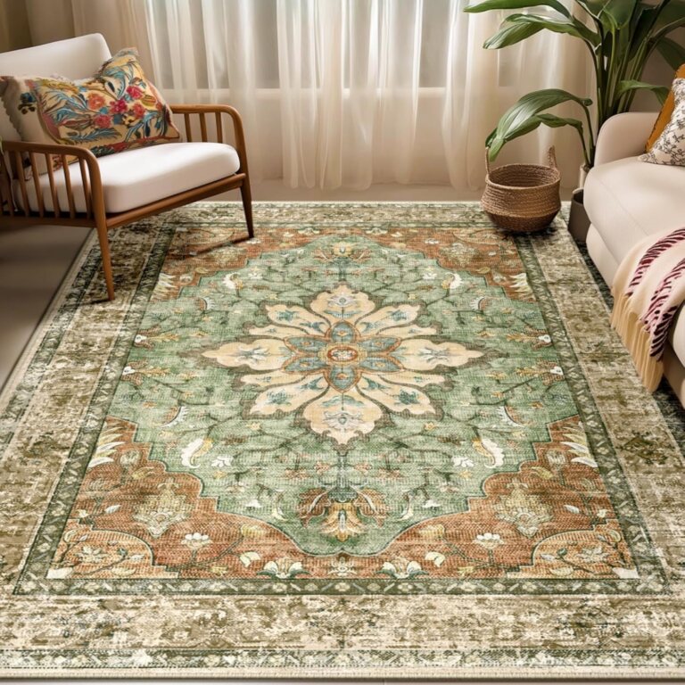 RELEANY Washable Area Rug, 5'x7', Brick/Brown/Green