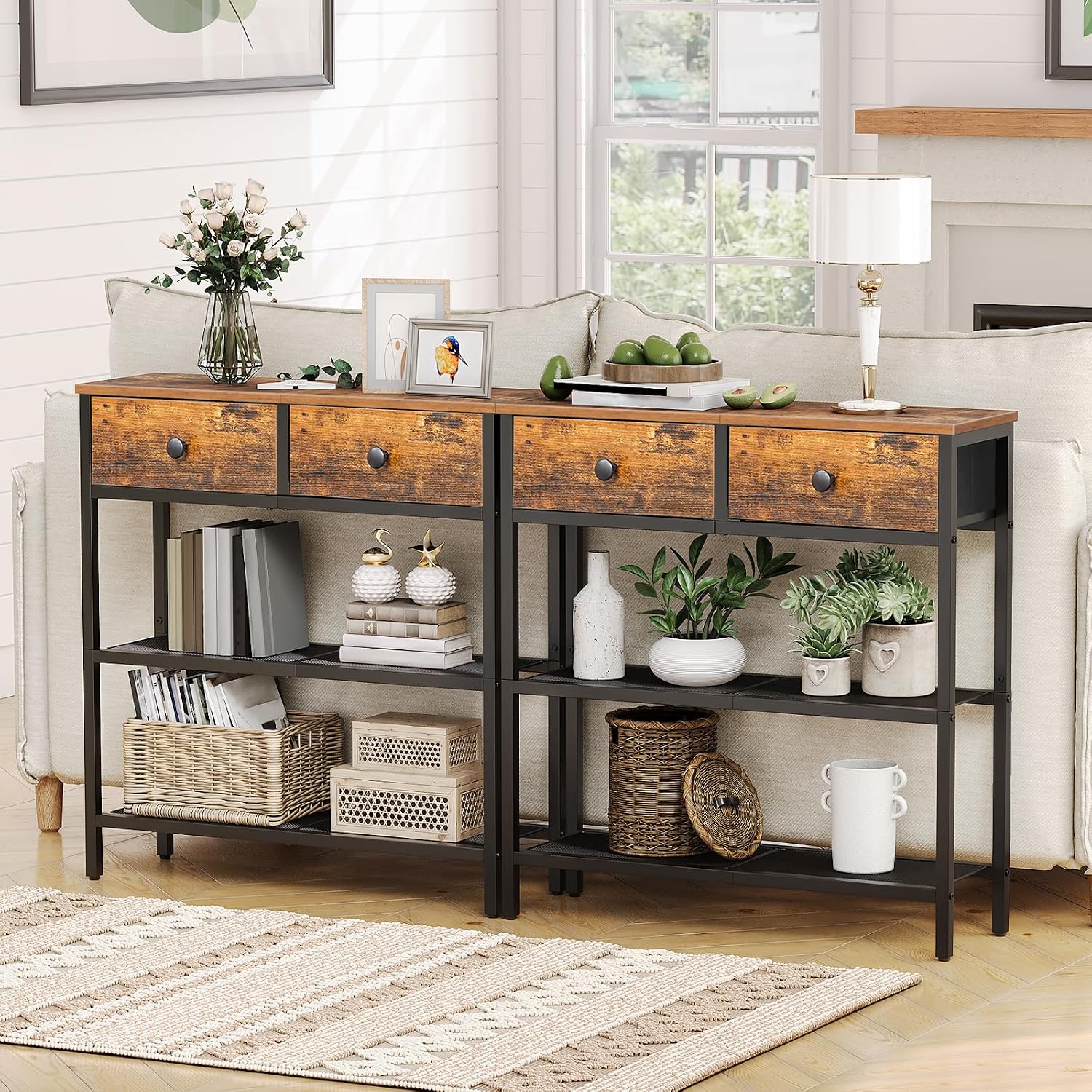 HOOBRO 29.5" Narrow Console Table with 2 Fabric Drawers, Sofa Table, Small Entryway Table with 3-Tier Storage Shelves, Behind Couch Table, for Living Room, Hallway, Rustic Brown and Black BF72XG01 - Image 5
