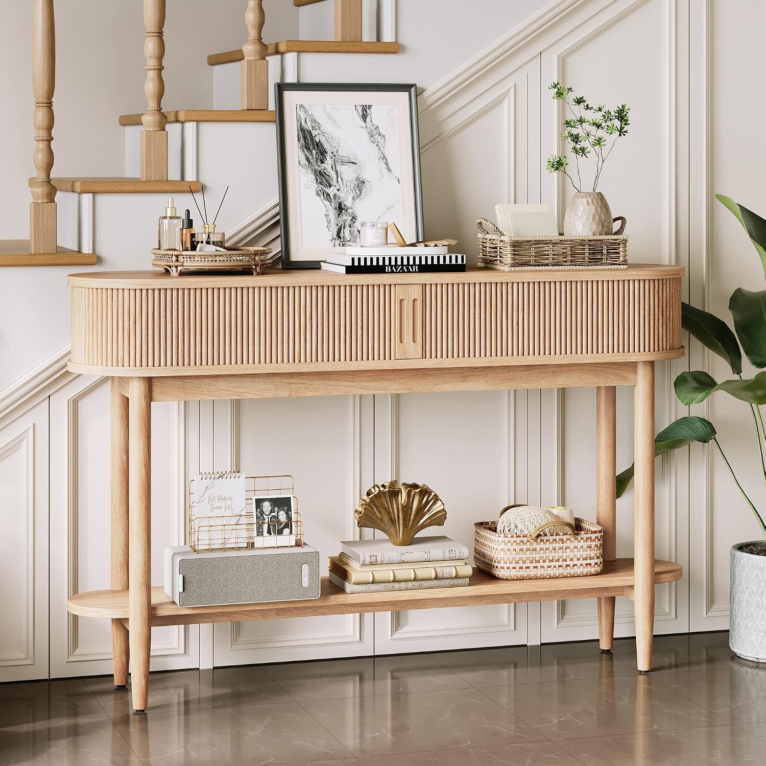 LINSY HOME Fluted Console Table, Mid-Century Modern Entryway Cabinet with Sliding Tambour Doors, Narrow Long Sofa Table, Behind-The-Couch Table for Living Room, Hallway (Light Oak) - Image 4