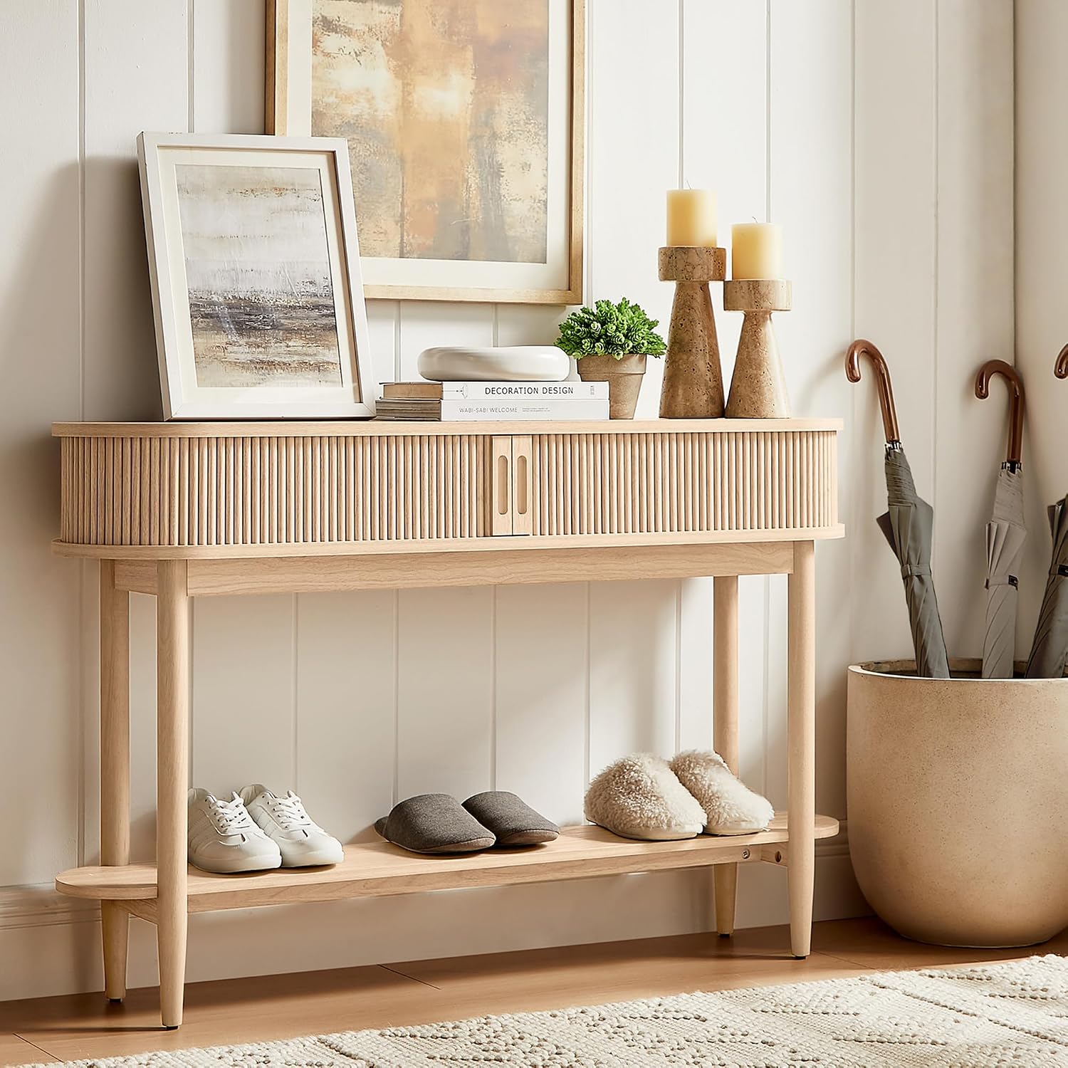 LINSY HOME Fluted Console Table, Mid-Century Modern Entryway Cabinet with Sliding Tambour Doors, Narrow Long Sofa Table, Behind-The-Couch Table for Living Room, Hallway (Light Oak) - Image 2