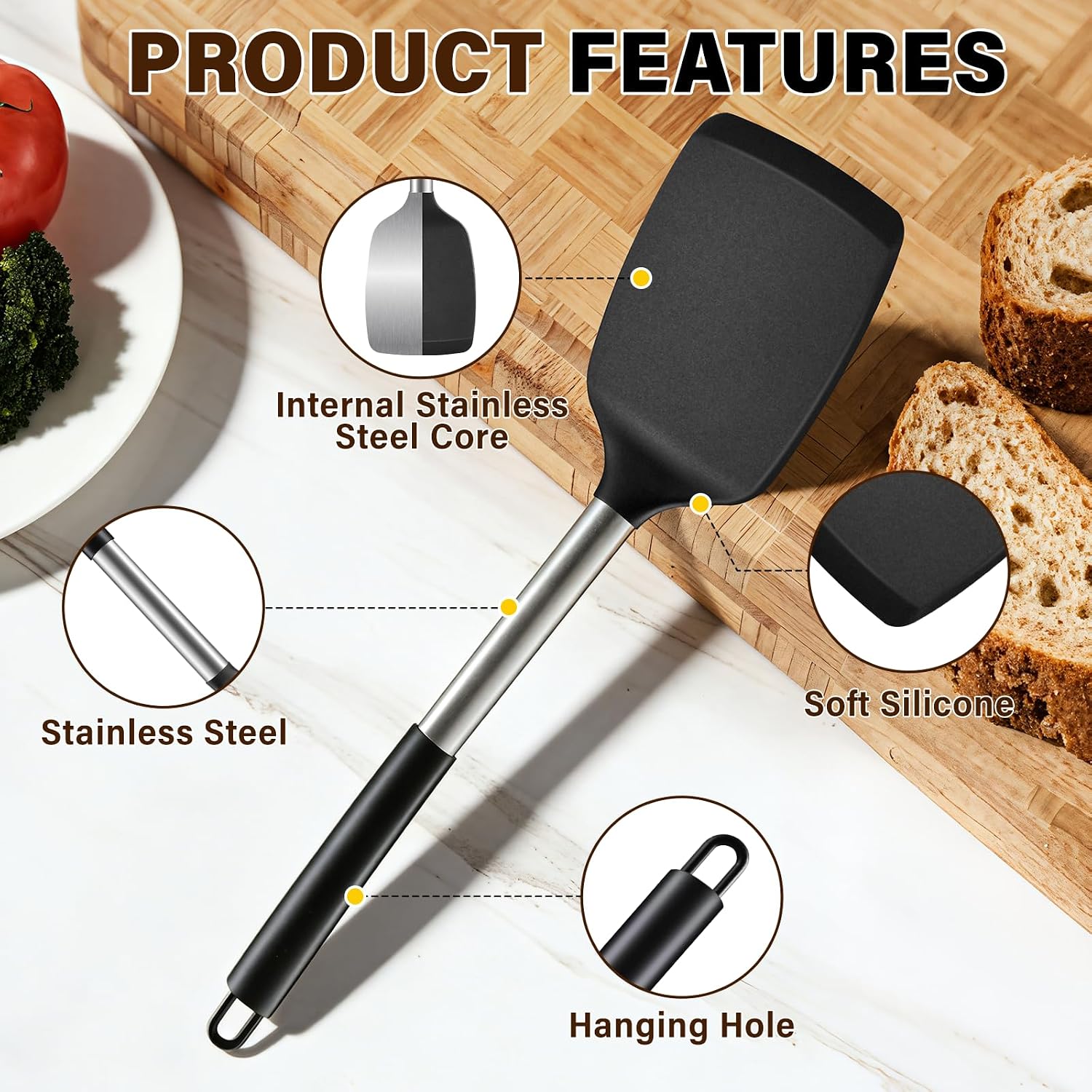 5Pcs Silicone Cooking Utensils Set, Heat Resistant Kitchen Tools Include Solid&Slotted Spatula, Cooking Spoon and Pasta Server, Silicone Kitchen Utensils set for Nonstick Cookware Flipping, Black - Image 3